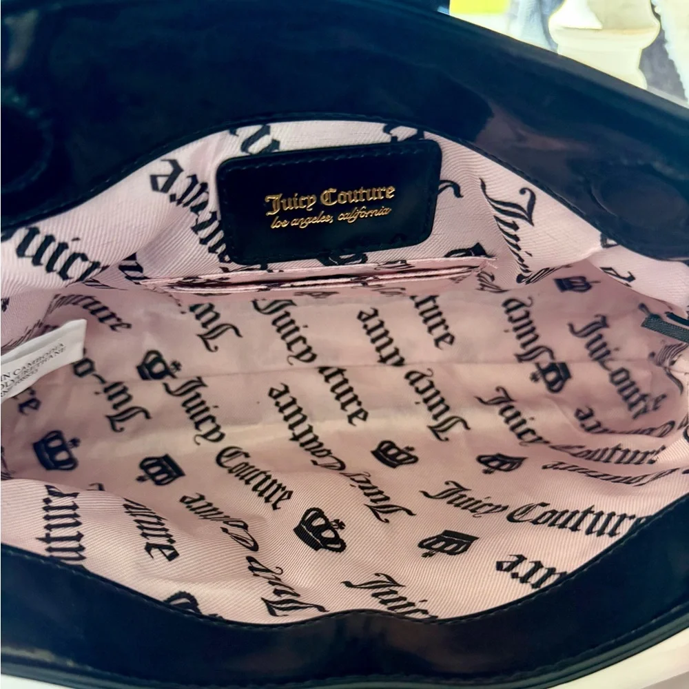 JUICY COUTURE Overstated Black Patent Flap Clutch with Gold Chain and Logo - Picture 12 of 14